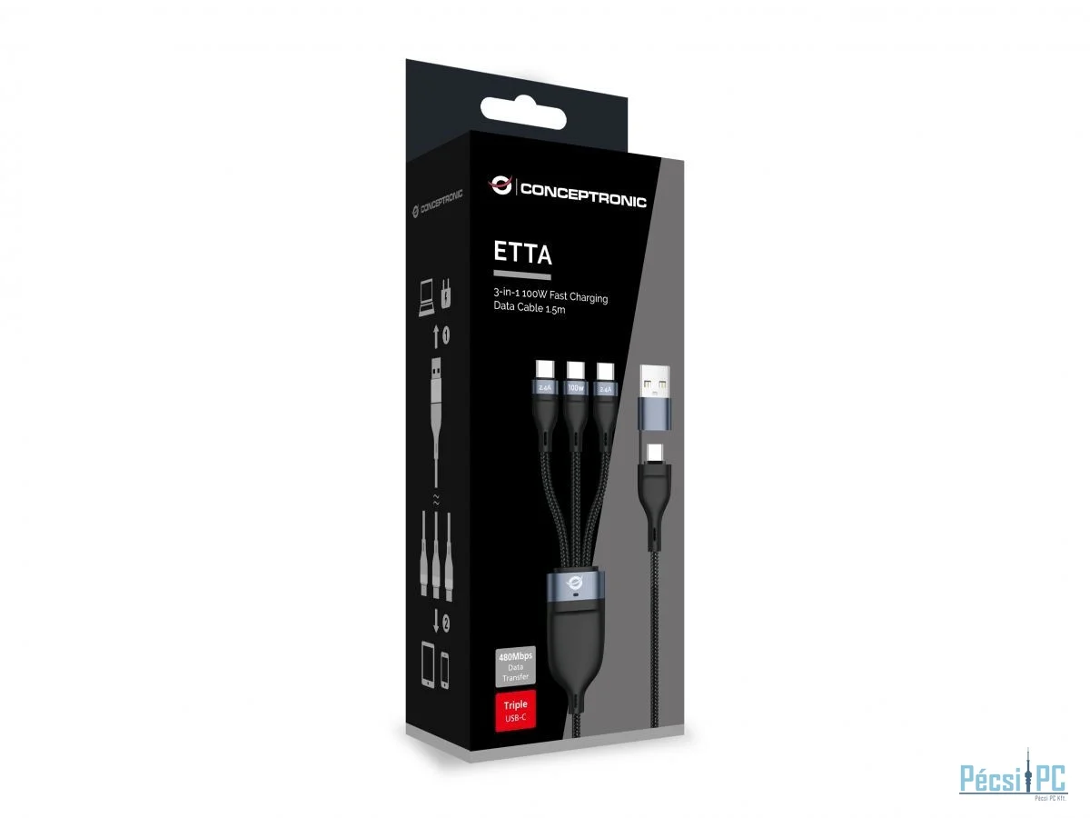 Conceptronic  ETTA06B15C 3-in-1 100W Fast Charging Data Cable Black