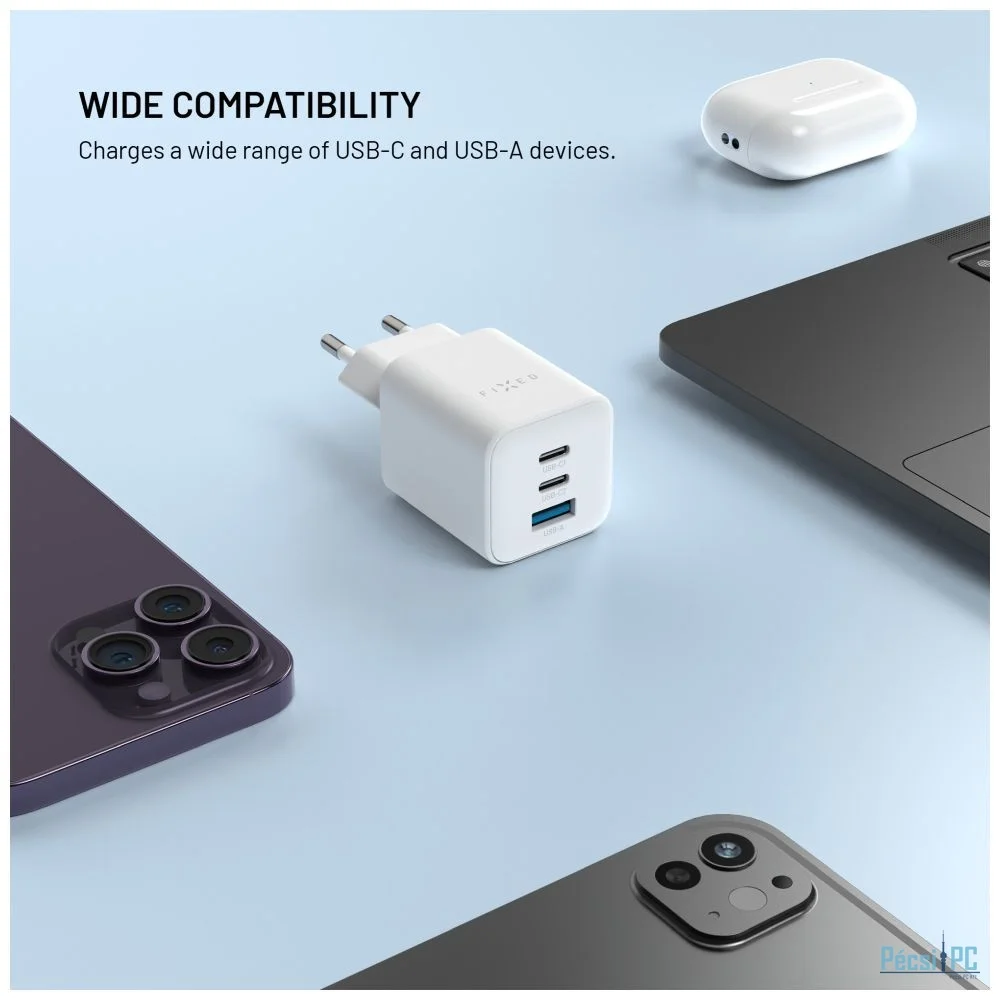 FIXED Mini 2x USB-C, USB-A GaN töltő adapter 65W, fehér