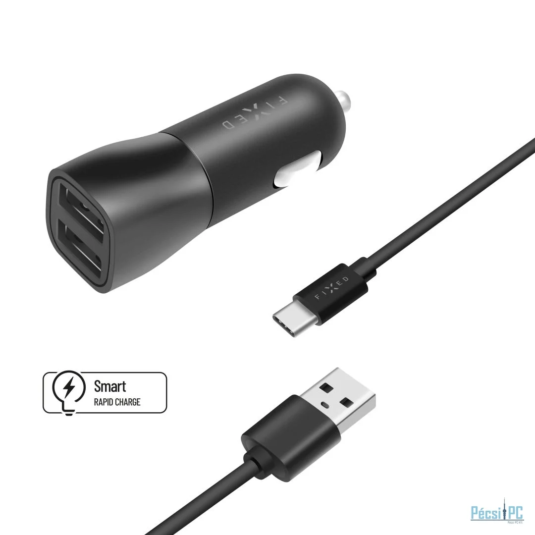 FIXED USB csatlakozós autós töltő 15W+USB/USB-C kábel, fekete