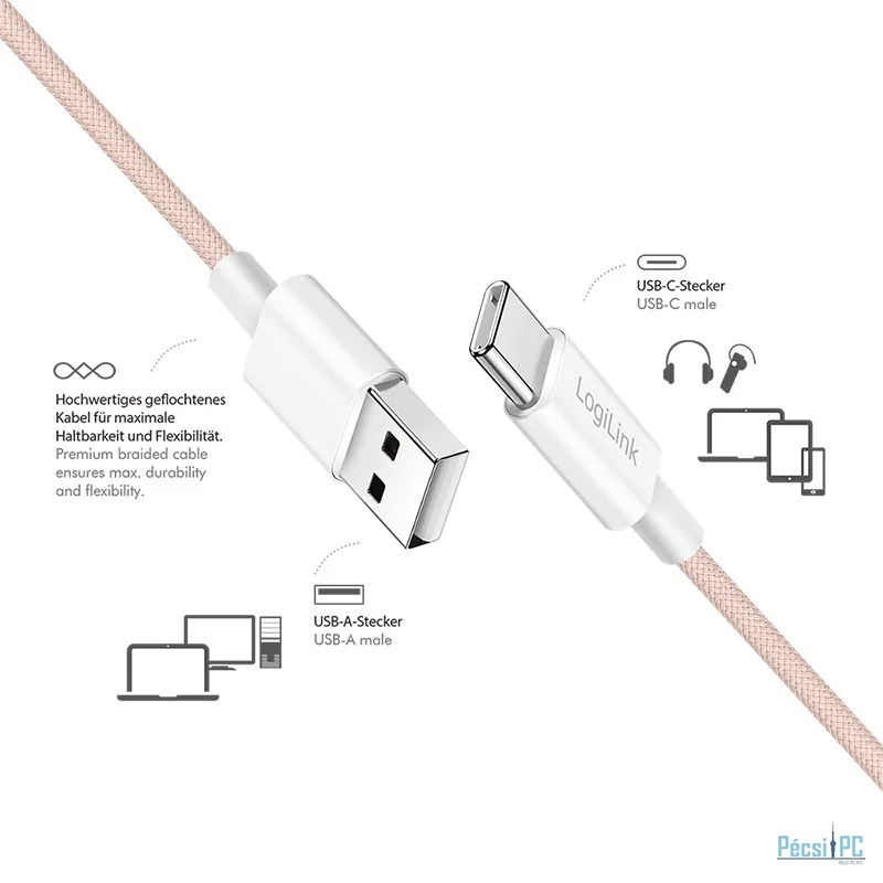 Logilink USB 2.0 Type-C C/M - A/M 60W cable 1m Pink