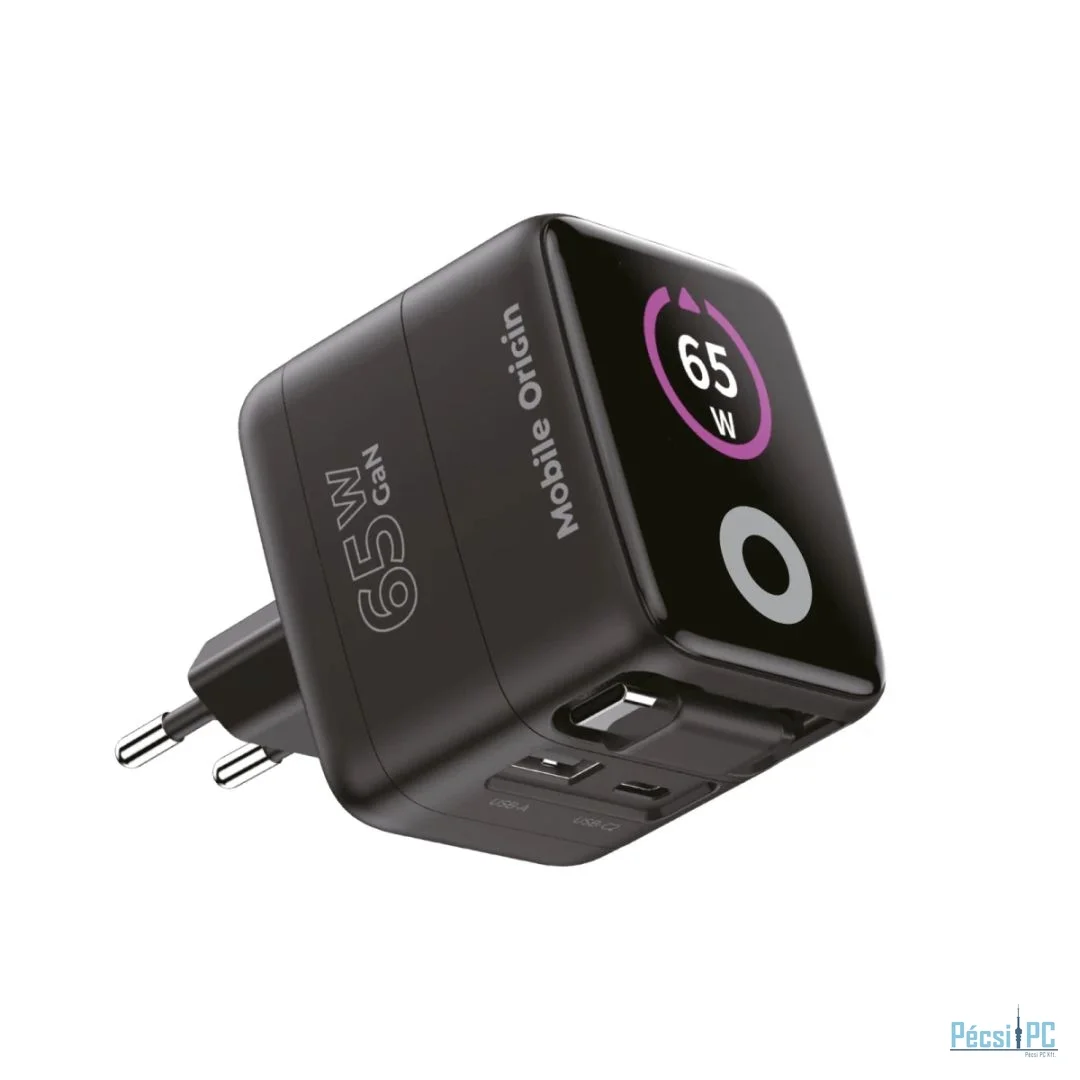 Mobile Origin 65W GaN Display Charger PW3 - USB-C Self-Retracting Cable+USB-C+USB-A Black