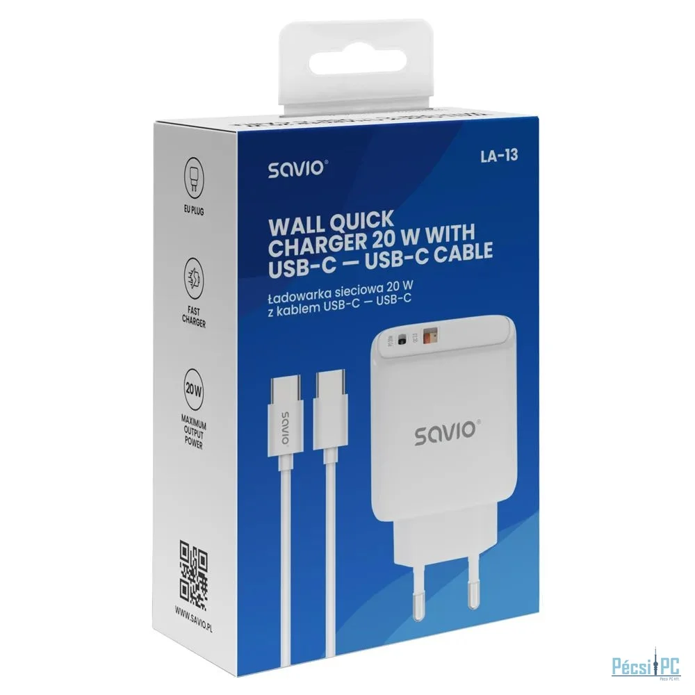 Savio LA-13 Wall quick charger 20W with USB-C cable White