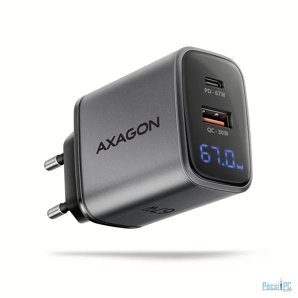 AXAGON ACU-PQ67D PD3.0 & QC4+ 2xOUTPUTS LCD display wall charger 67W Black