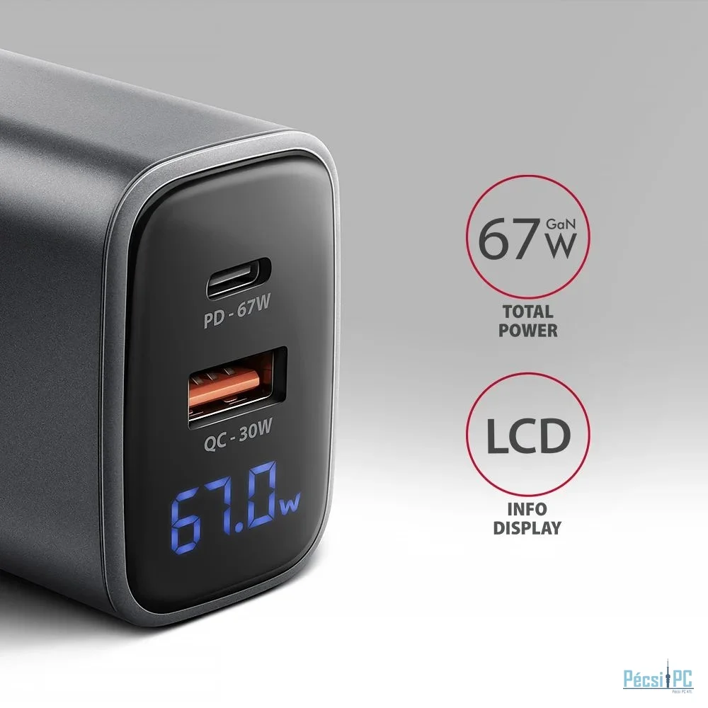 AXAGON ACU-PQ67D PD3.0 & QC4+ 2xOUTPUTS LCD display wall charger 67W Black