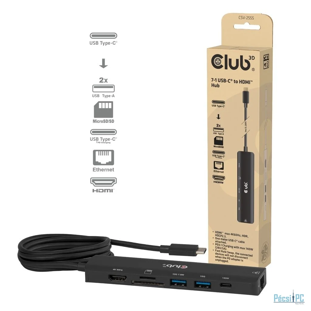 Club3D CSV-2555 7-1 USB-C to HDMI Hub 4K60Hz PD3.1 140W 1m