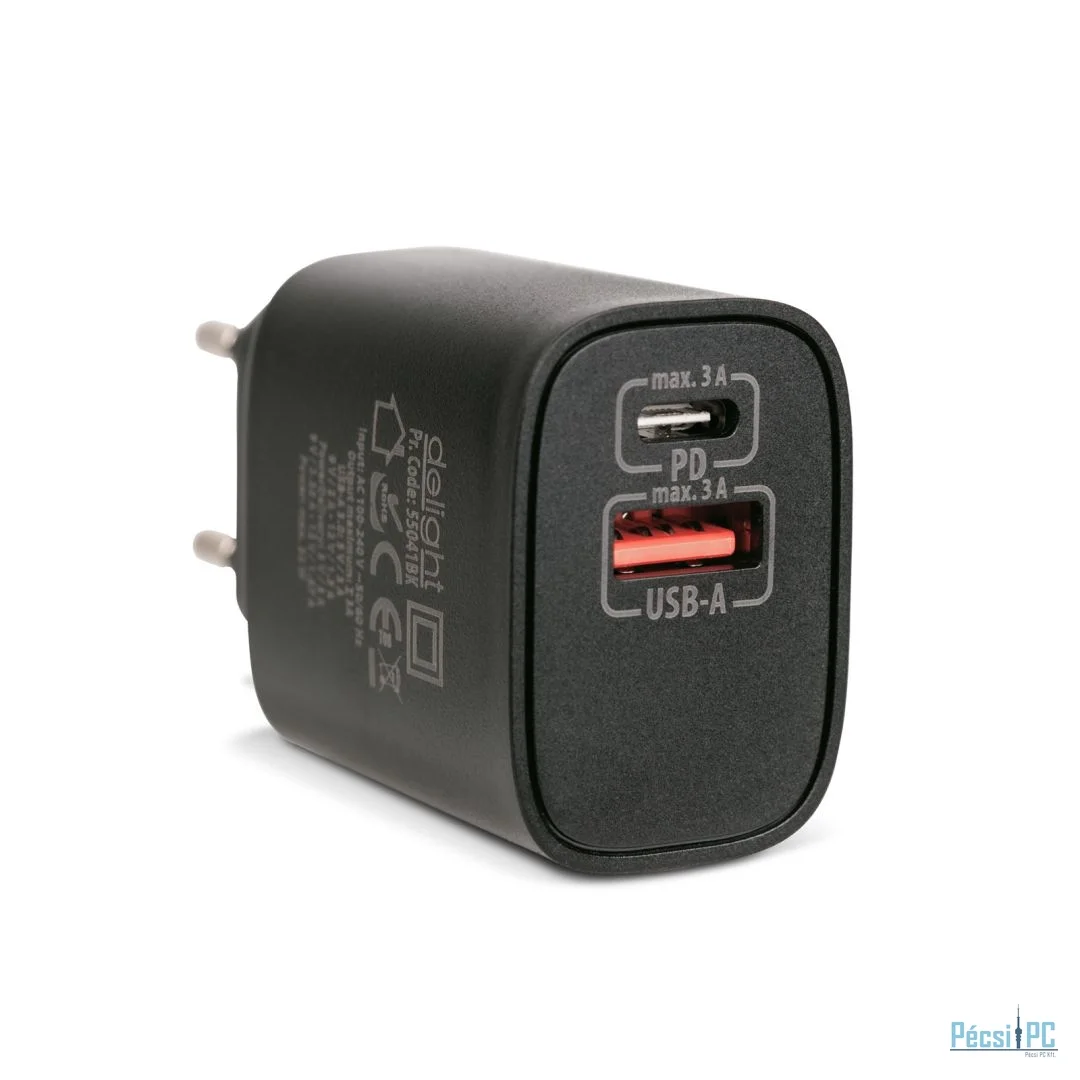 Delight USB Type-C + USB A PD20W Fast charger Black