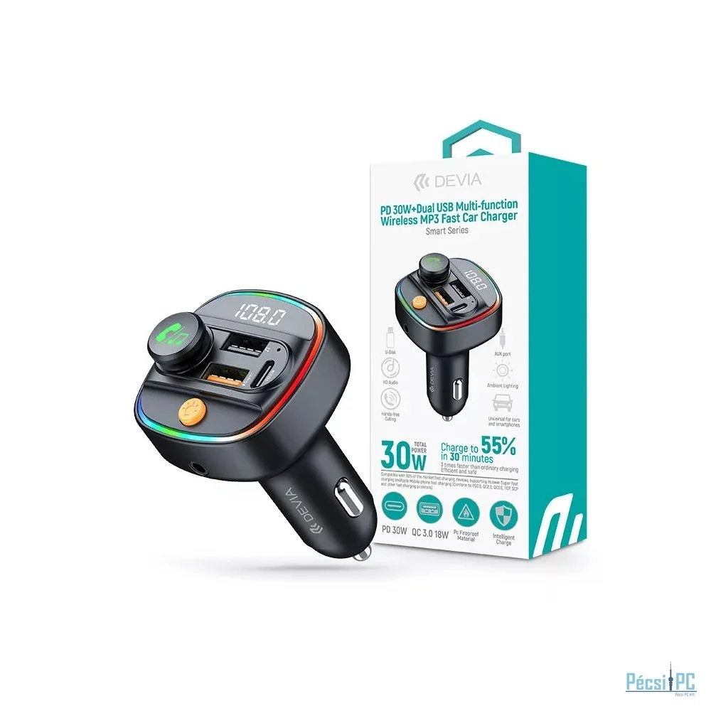 Devia Bluetooth FM-transmitter autós gyorstöltő 30W PD+QC Black