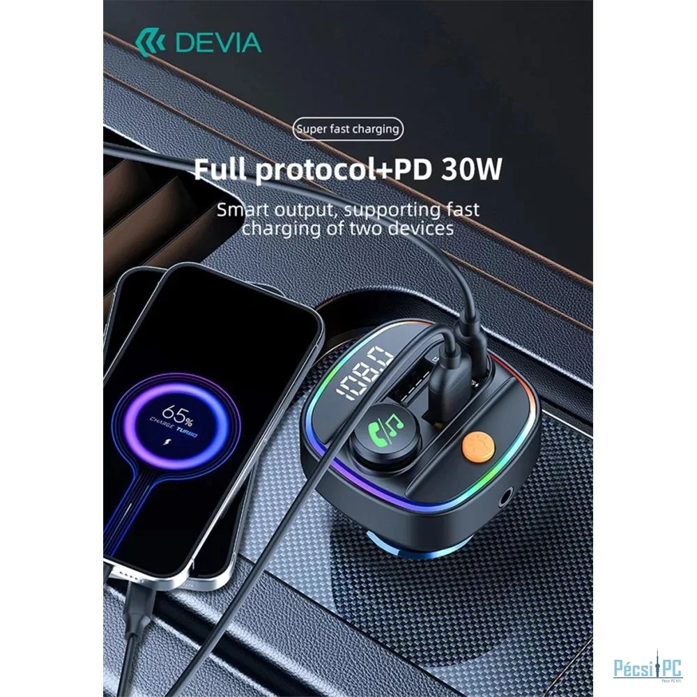 Devia Bluetooth FM-transmitter autós gyorstöltő 30W PD+QC Black