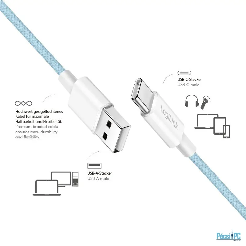 Logilink USB 2.0 Type-C C/M - A/M 60W cable 1m Blue