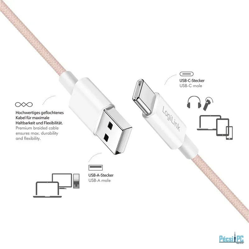 Logilink USB 2.0 Type-C C/M - A/M 60W cable 1m Pink