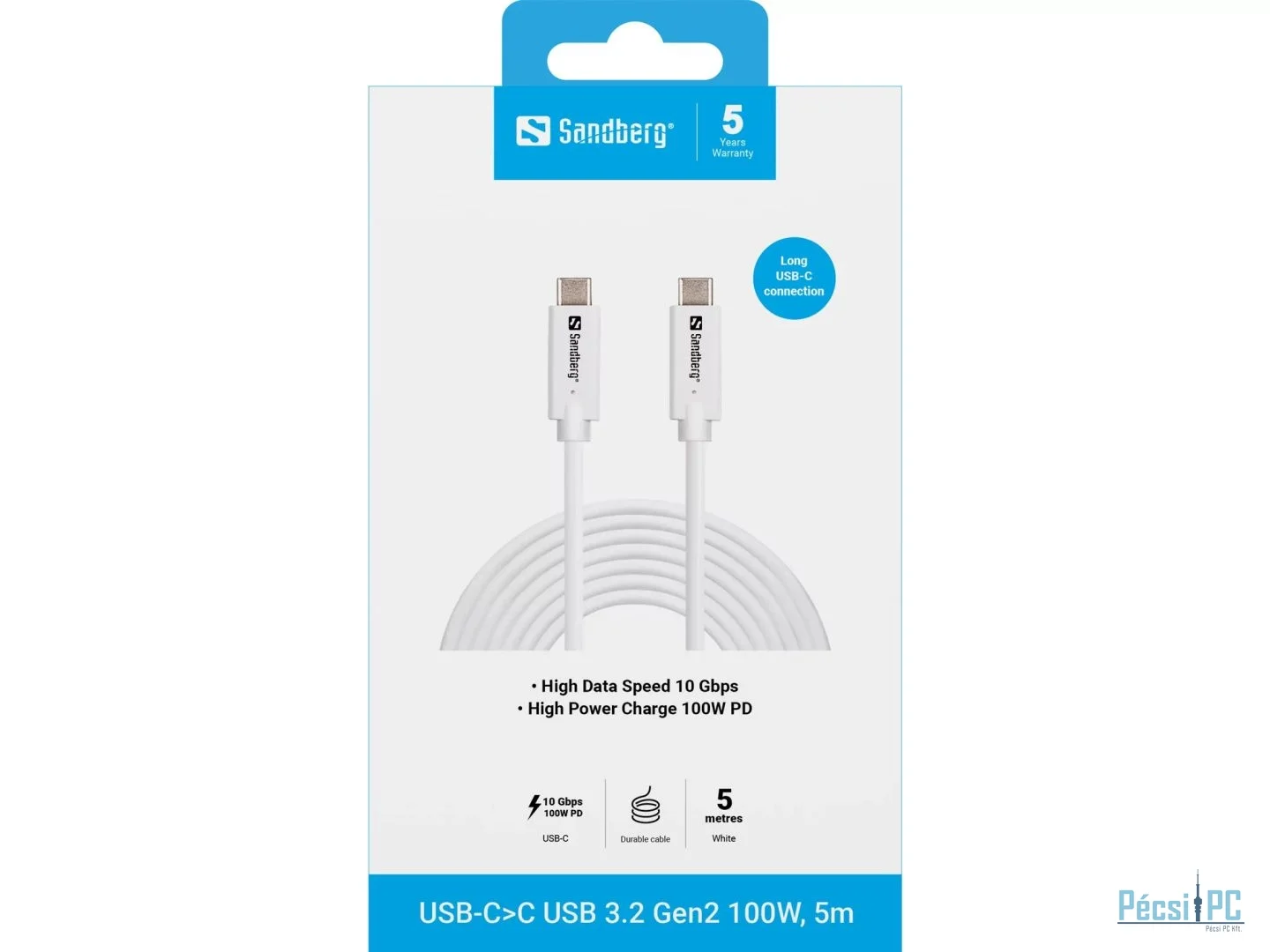 Sandberg USB3.2 USB-C to USB-C cable 5m White