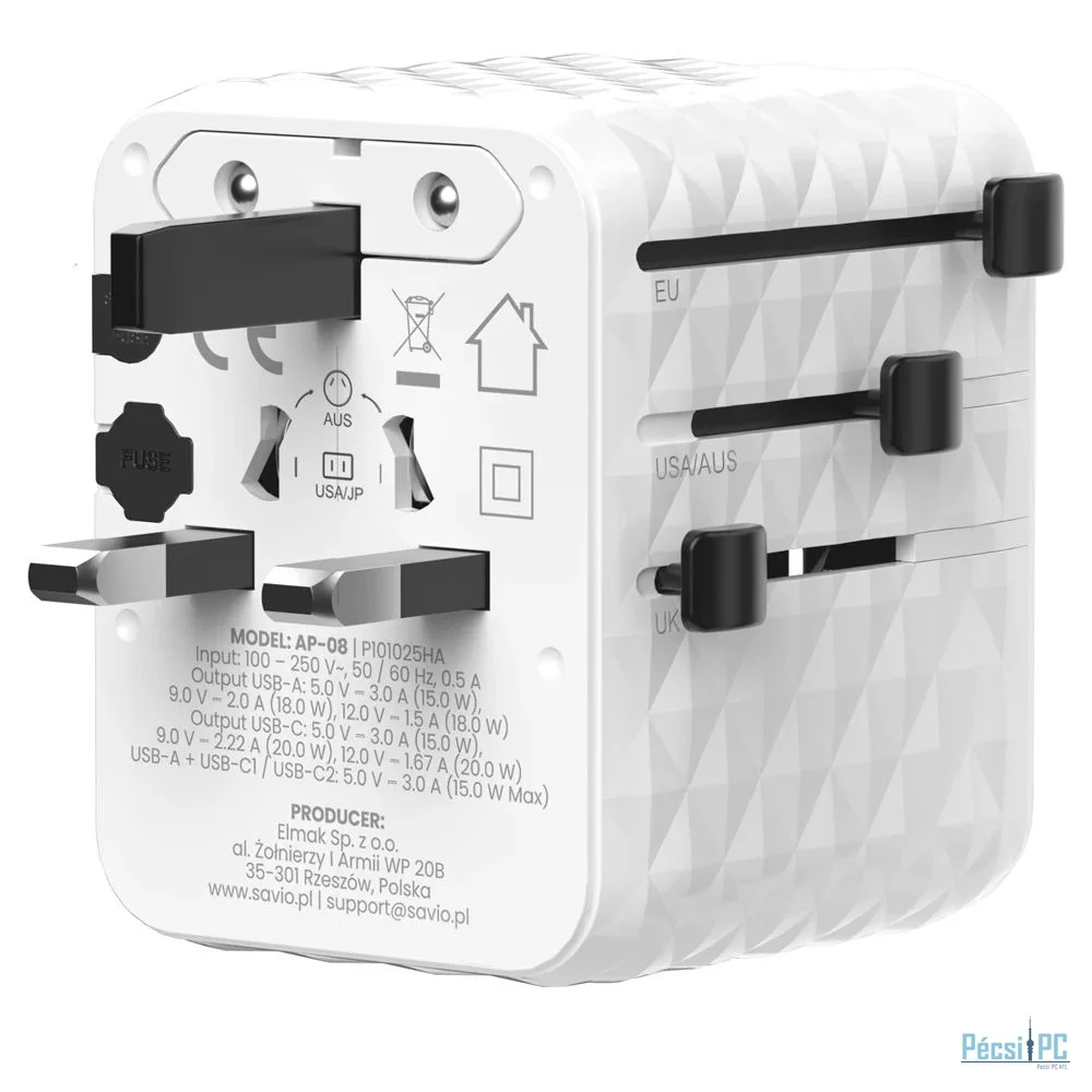 Savio AP-08 Universal travel adapter 20W White