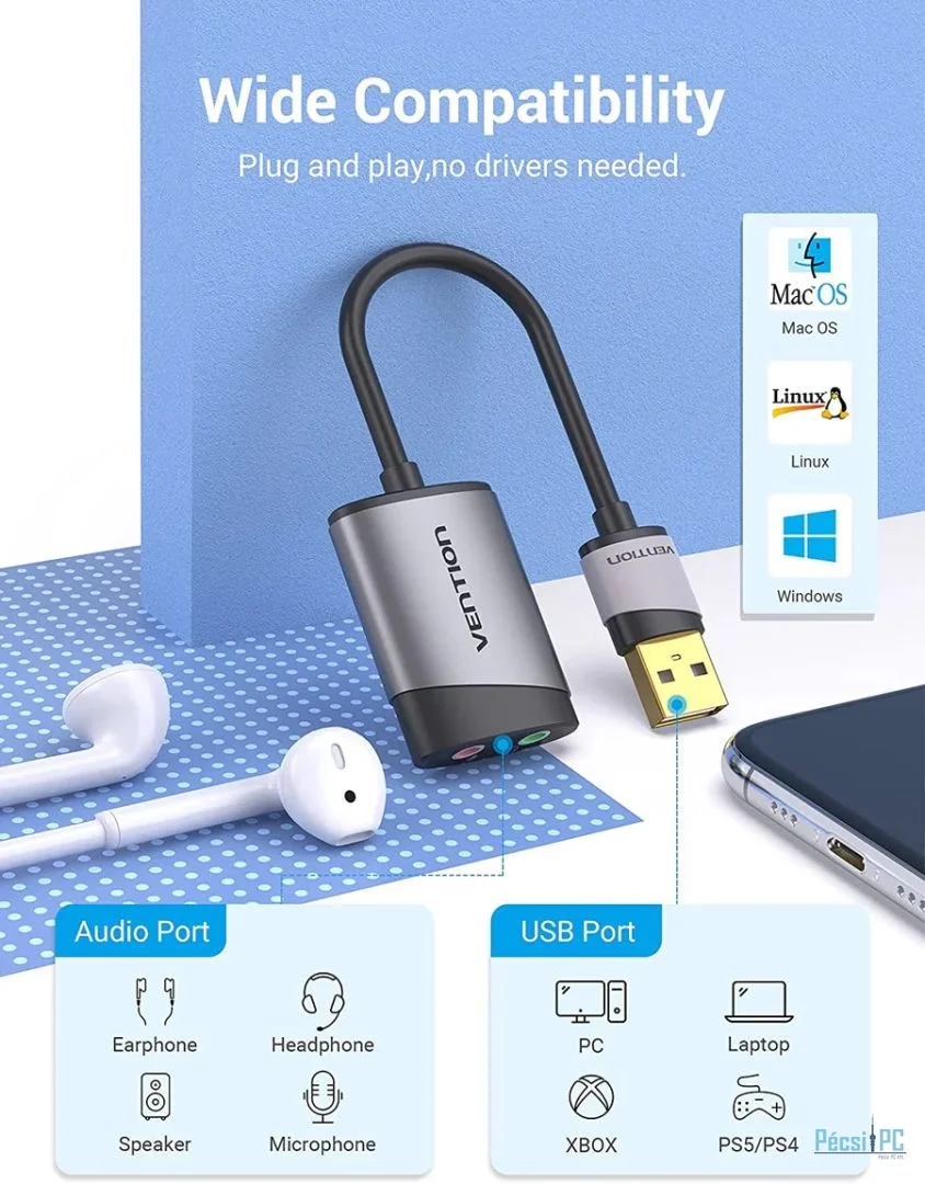Vention USB External Sound Card 0.15M Gray Metal