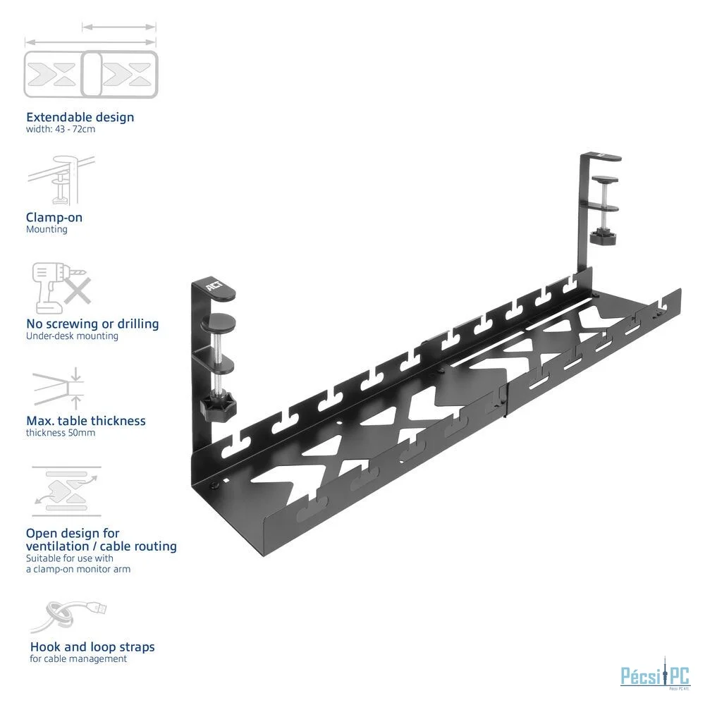 ACT Under-desk extendable cable management tray with clamp mount 43 - 72cm Black