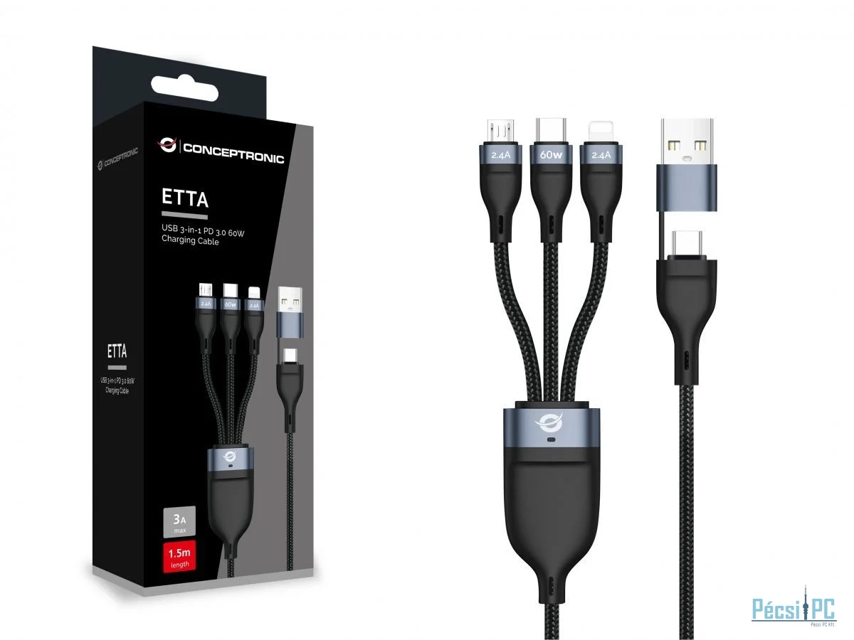 Conceptronic  ETTA05B15 3-in-1 60W Fast Charging Data Cable 1,5m Black