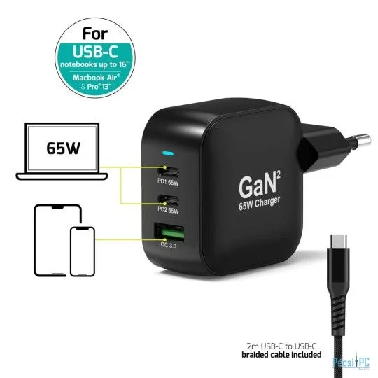 Port Designs 65W GaN2 USB-C wall charger + 2m USB-C cable Black
