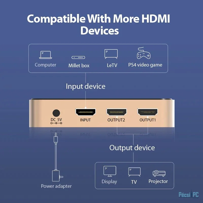 Vention 1 In 2 Out HDMI Splitter 4K@30Hz Gold Aluminum Alloy Type