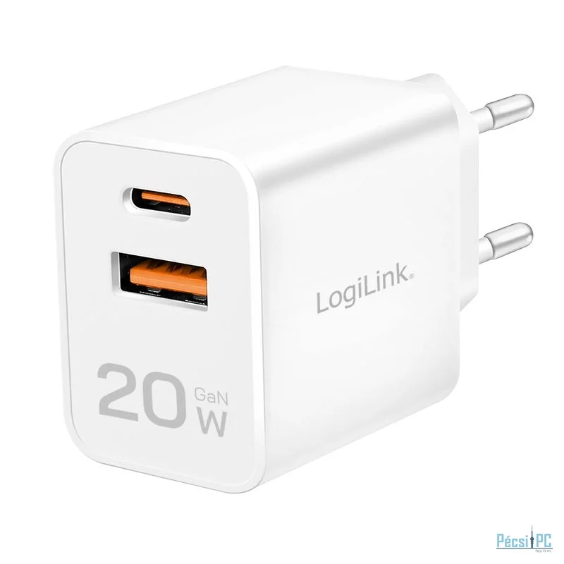 Logilink USB-A/C charger 20W GaN 2-port 1x USB-C (PD) 1x USB-A White