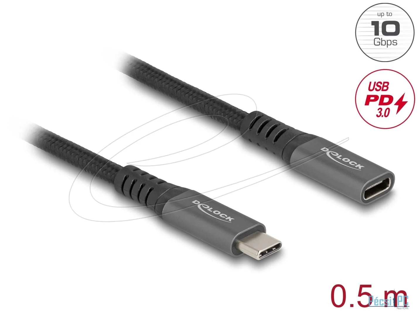 DeLock USB Type-C male to female PD 3.0 100W cable 0,5m Grey Metal