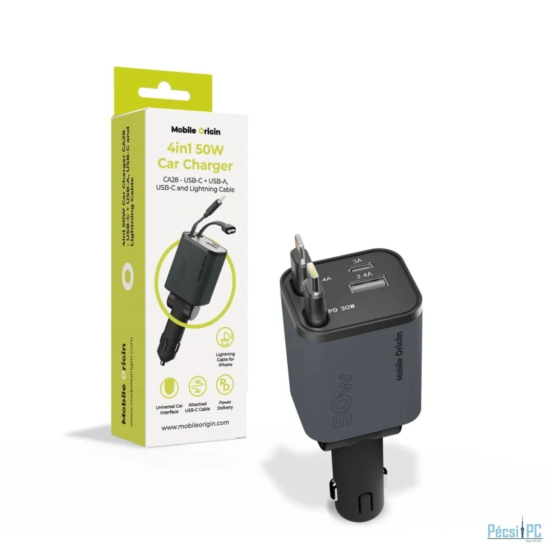 Mobile Origin 4in1 50W Car Charger CA28 - USB-C+USB-A, USB-C and Lightning Cable Space Gray