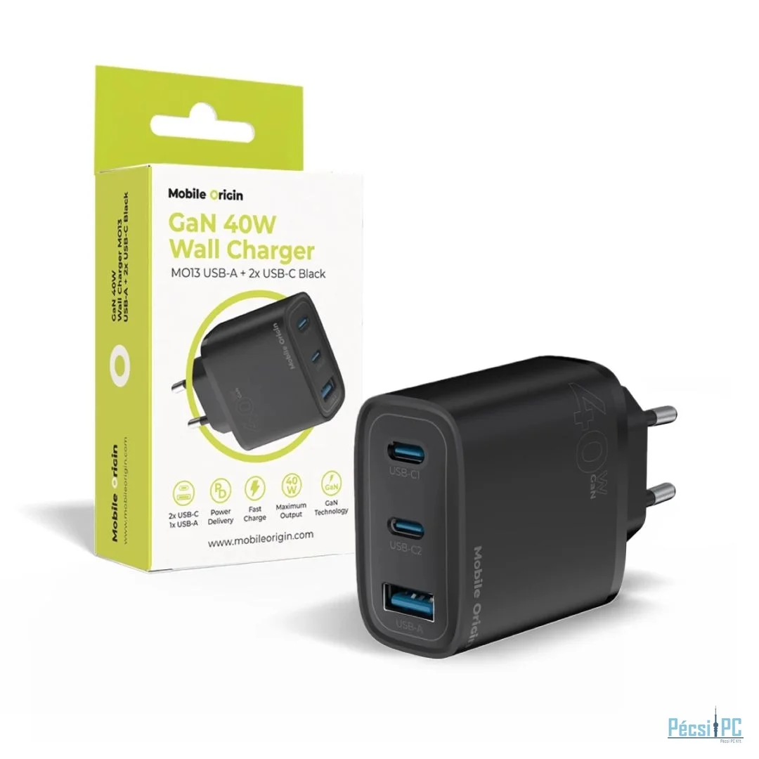 Mobile Origin Mobile Origin GaN 40W Wall Charger MO13, black 1 USB-A + 2 USB-C Black