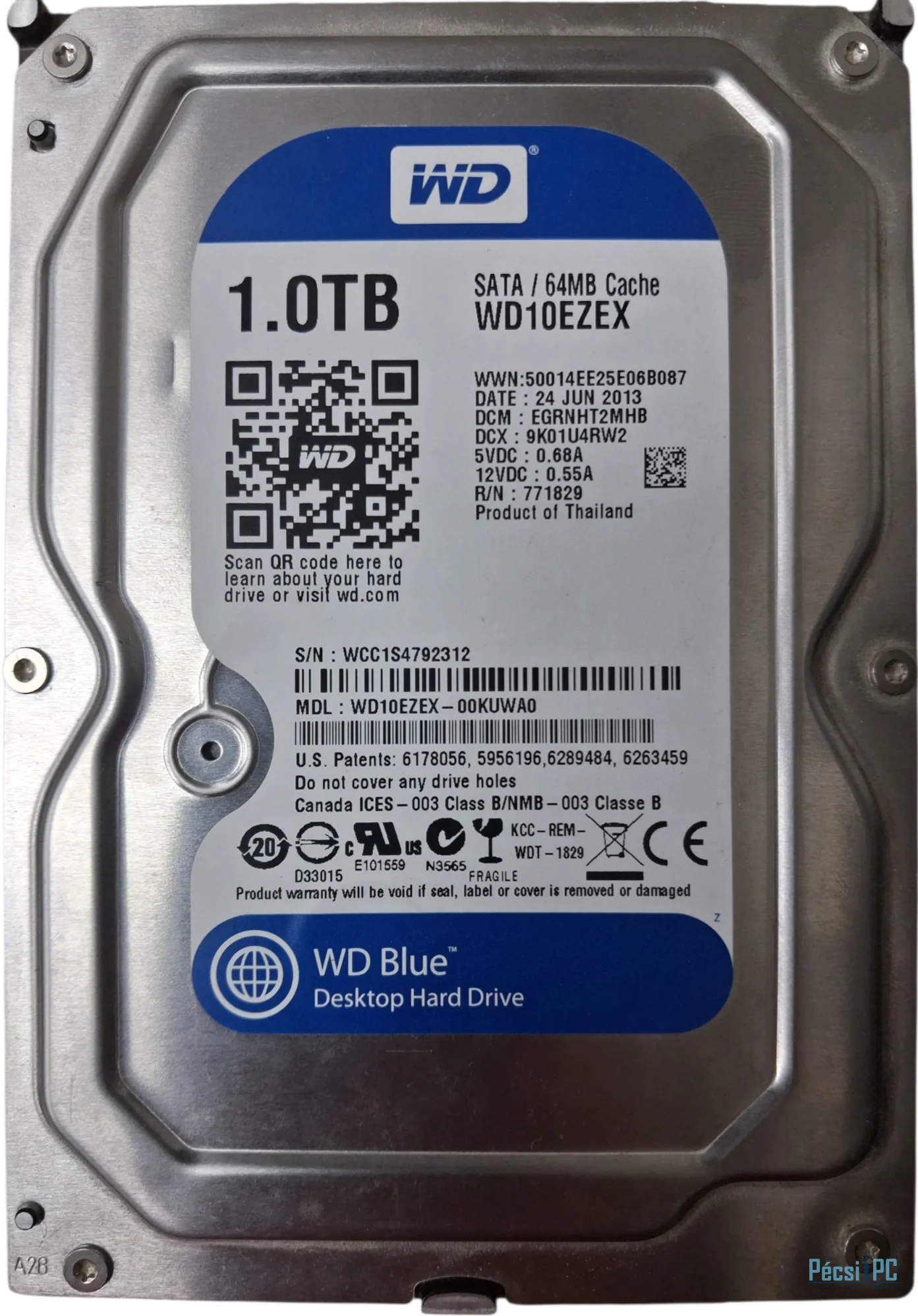 Használt Western Digital Blue 1TB 7200rpm SATA-600 3,5" 64MB WD10EZEX