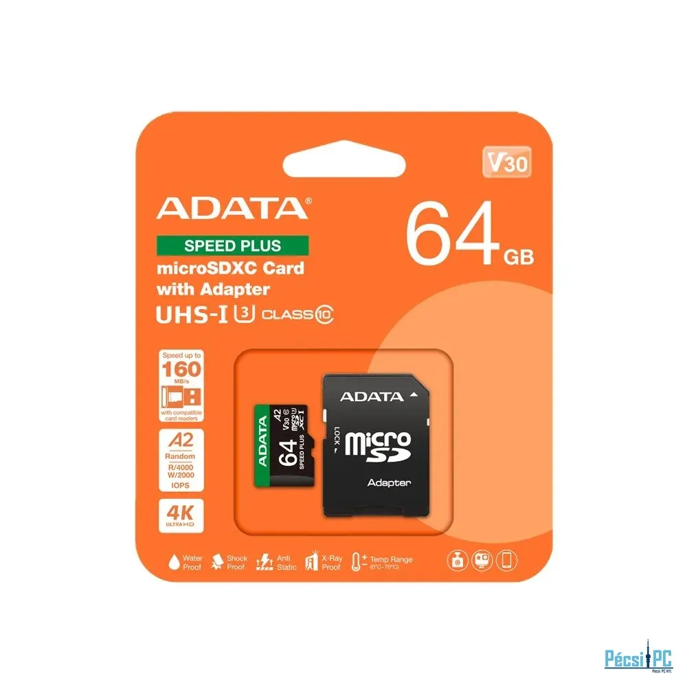 A-Data 64GB microSDXC Speed Plus Class 10 UHS-I U3 V30 + adapterrel