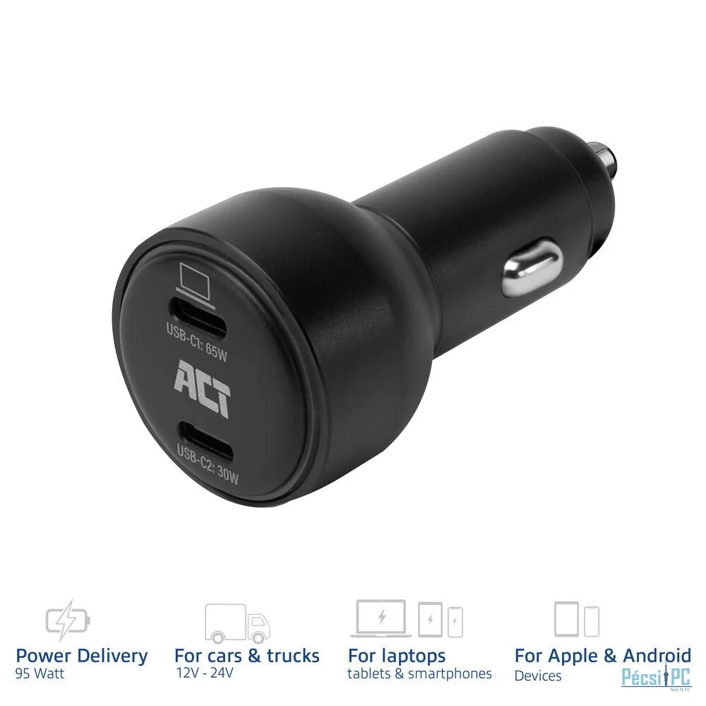 ACT 2-port USB-C Fast Car Charger 95W with PD, QC and GaNFast Black