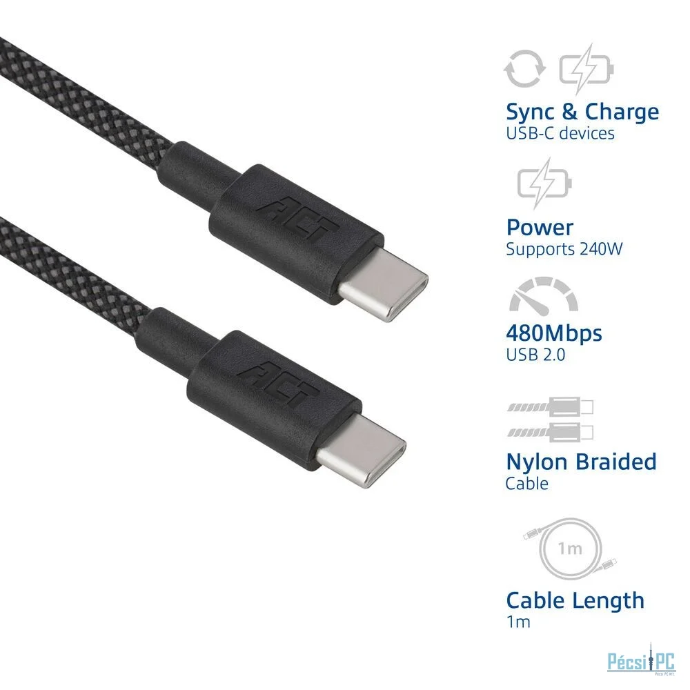 ACT USB 2.0 240W charging/data cable USB-C to USB-C 1m Black