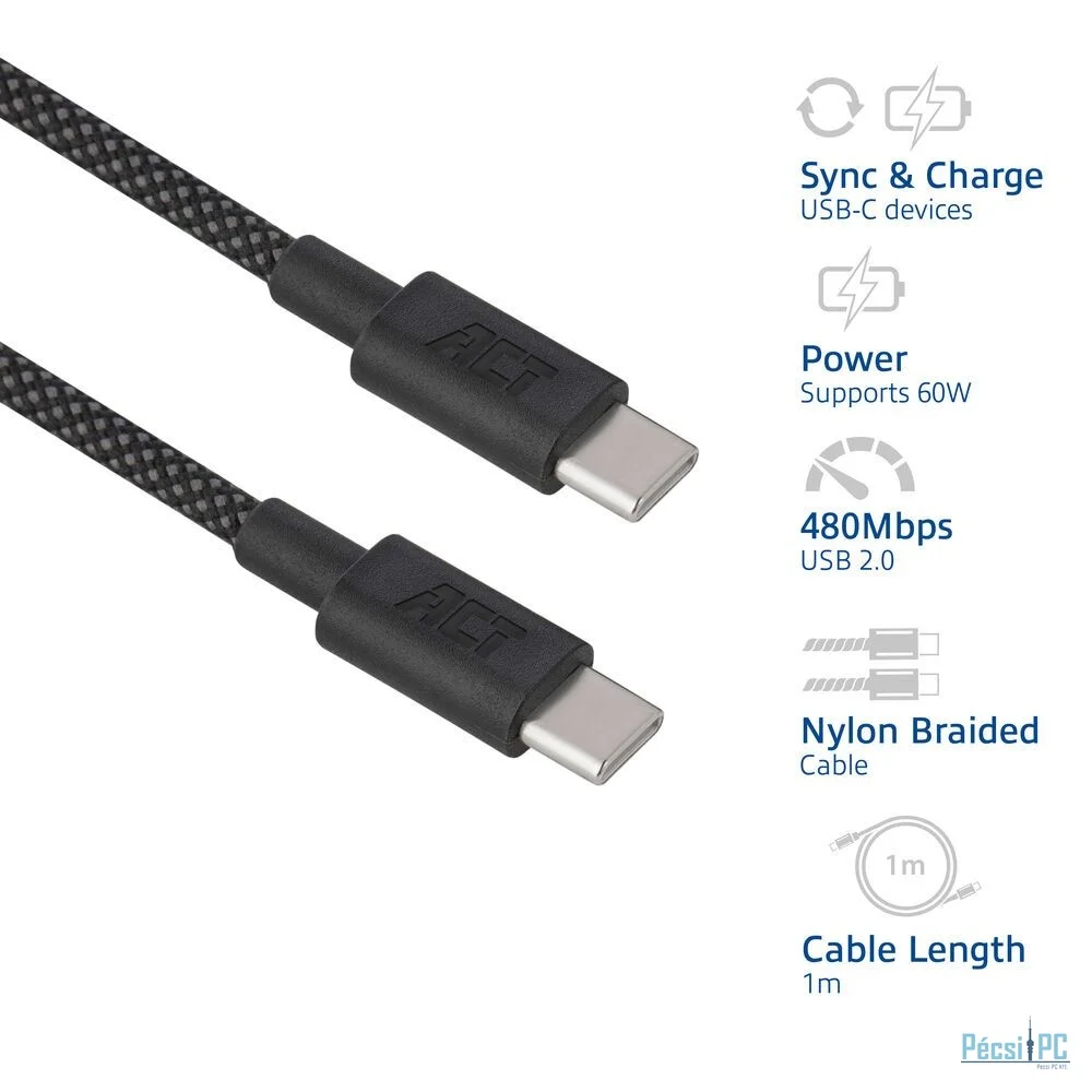ACT USB 2.0 60W charging/data cable USB-C to USB-C 1m Black