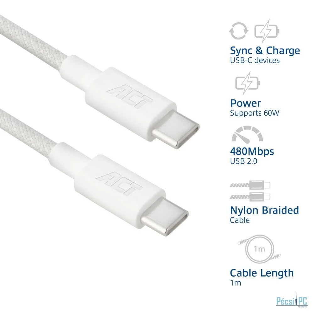 ACT USB 2.0 60W charging/data cable USB-C to USB-C 1m White