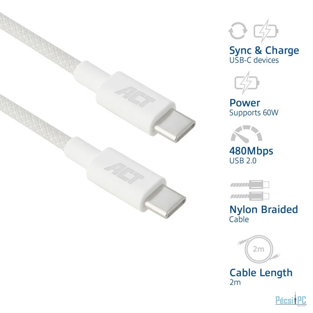 ACT USB 2.0 60W charging/data cable USB-C to USB-C 2m White