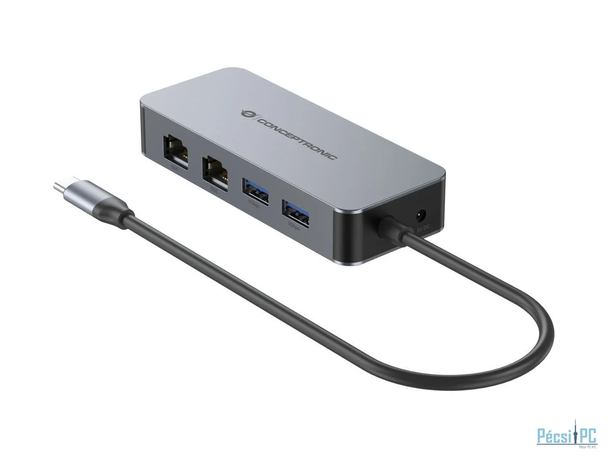 Conceptronic  ABBY24G USB-C to Dual-Port Gigabit Network Adapter with 2-Port USB Hub