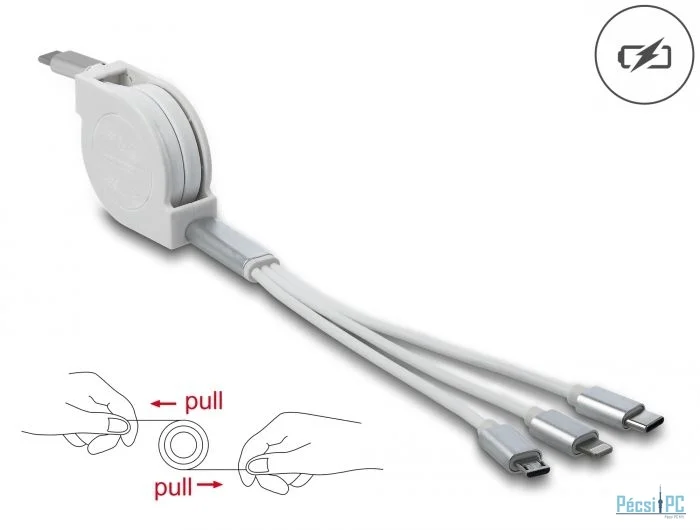 DeLock USB Type-C 3 in 1 Retractable Charging Cable for Lightning/Micro USB/USB Type-C White