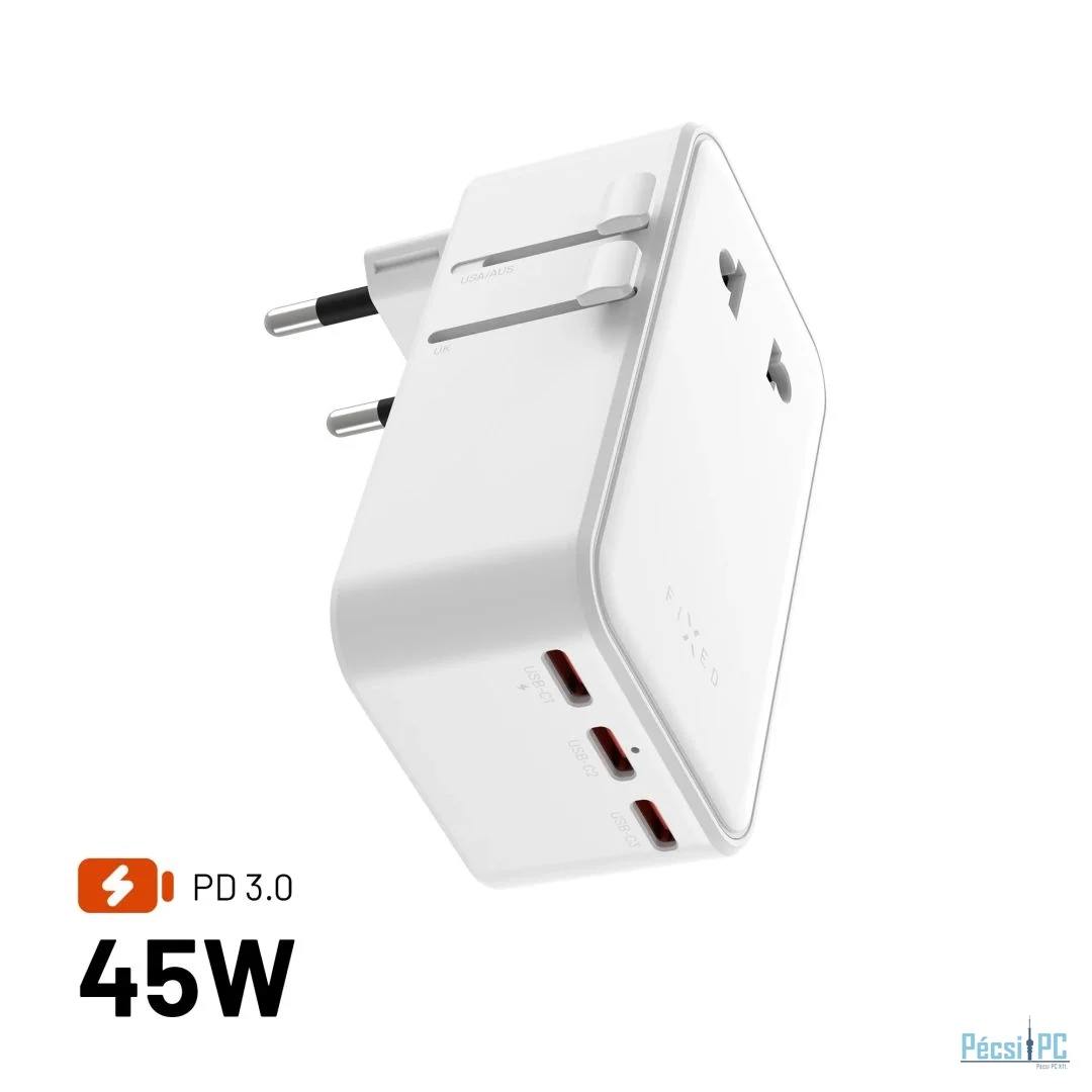 FIXED Ultravékony utazóadapter 45W EU, UK, USA/AUS 3xUSB-C PD 45W, fehér