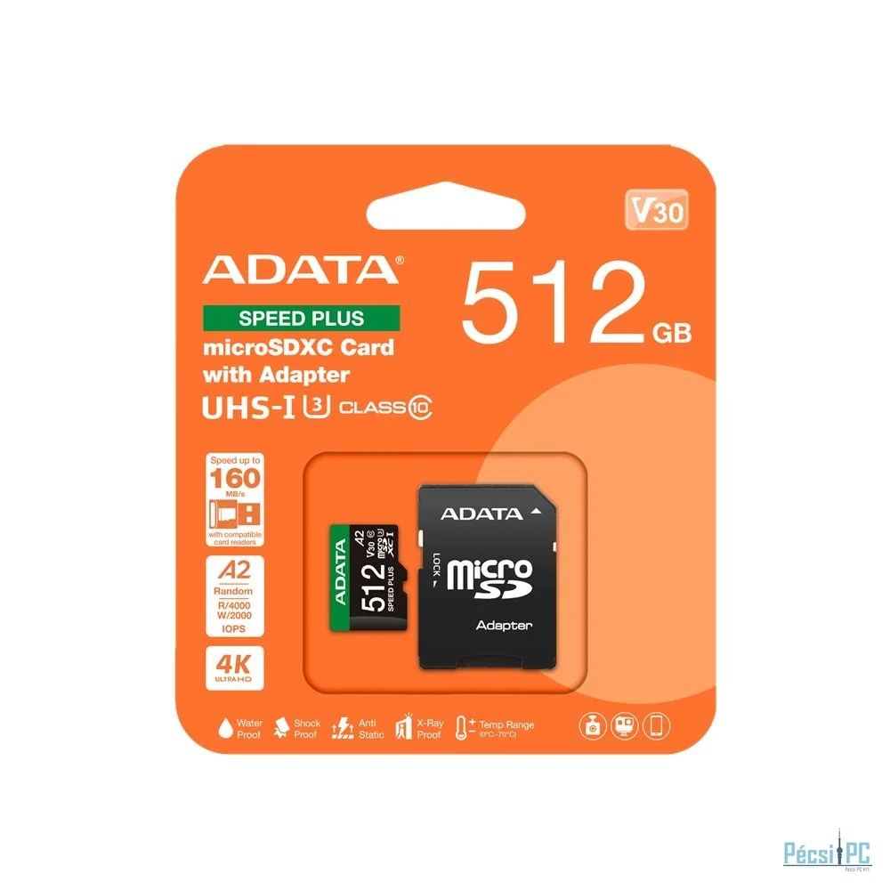 A-Data 512GB microSDXC Speed Plus Class 10 UHS-I U3 V30 + adapterrel