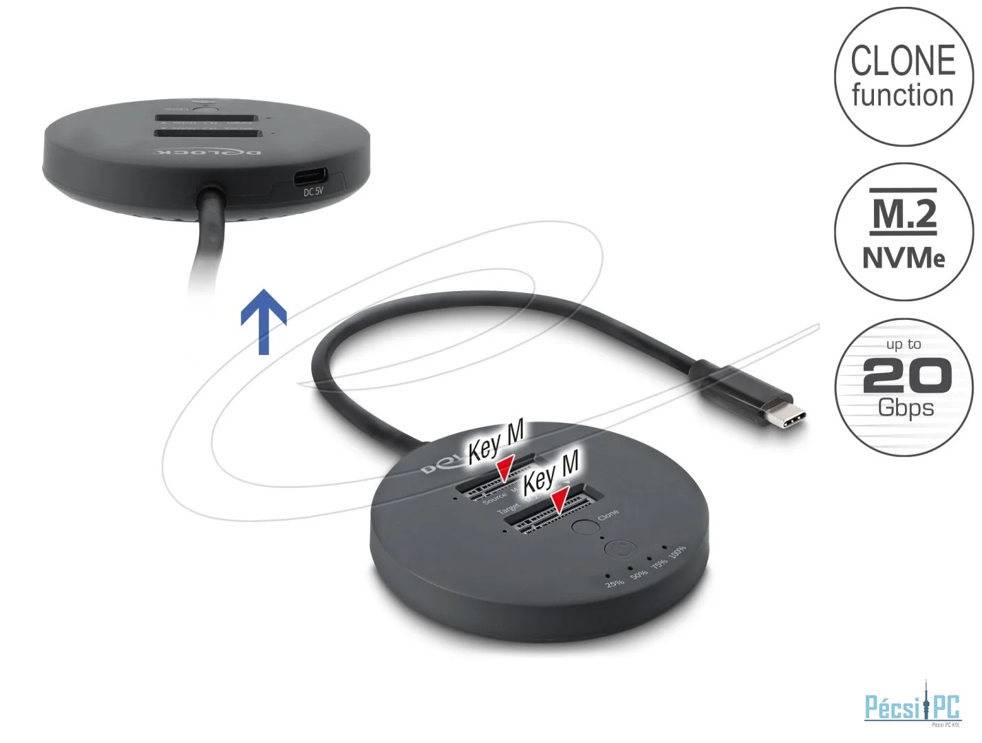 DeLock USB 20 Gbps M.2 Docking Station for 2xM.2 NVMe PCIe SSD with Clone function Black