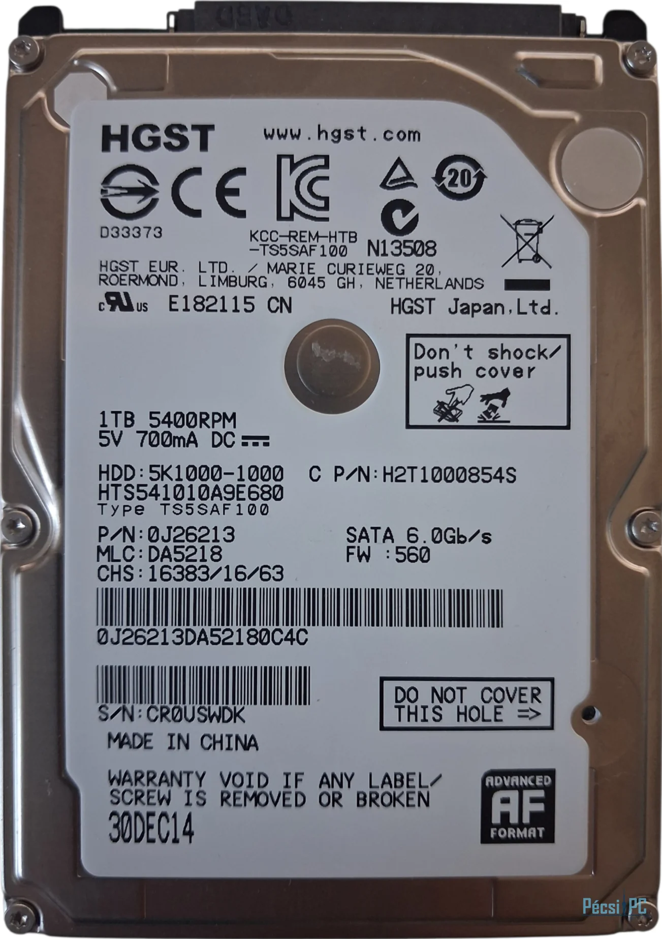 Használt HGST / Hitachi 1TB 5400rpm SATA-600 2,5" 8MB 9.5mm HTS541010A9E680