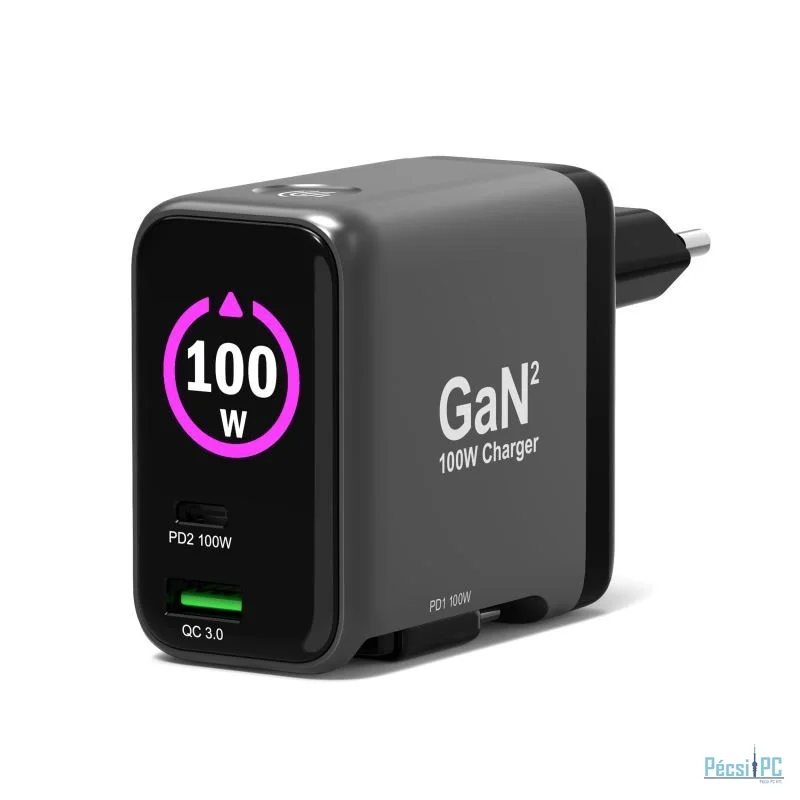 Port Designs GaN2 PD 100W Wall Charger with 70cm USB-C cable Black