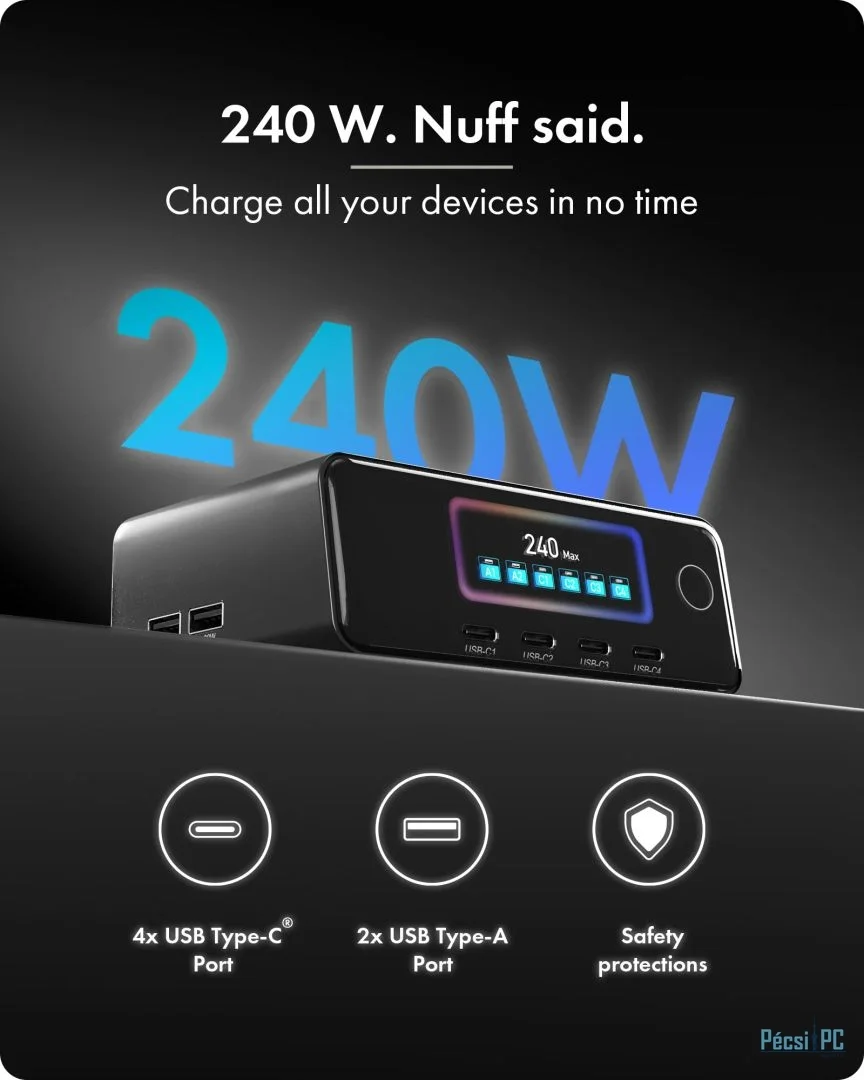 Raidsonic IcyBox GaN Charging Station with LCD-TFT display and up to 240 W