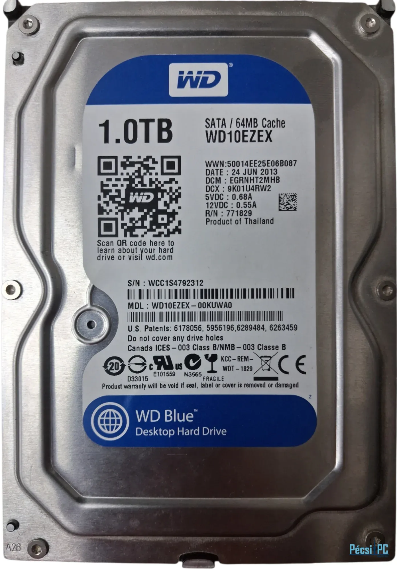 Használt Western Digital Blue 1TB 7200rpm SATA-600 3,5" 64MB WD10EZEX