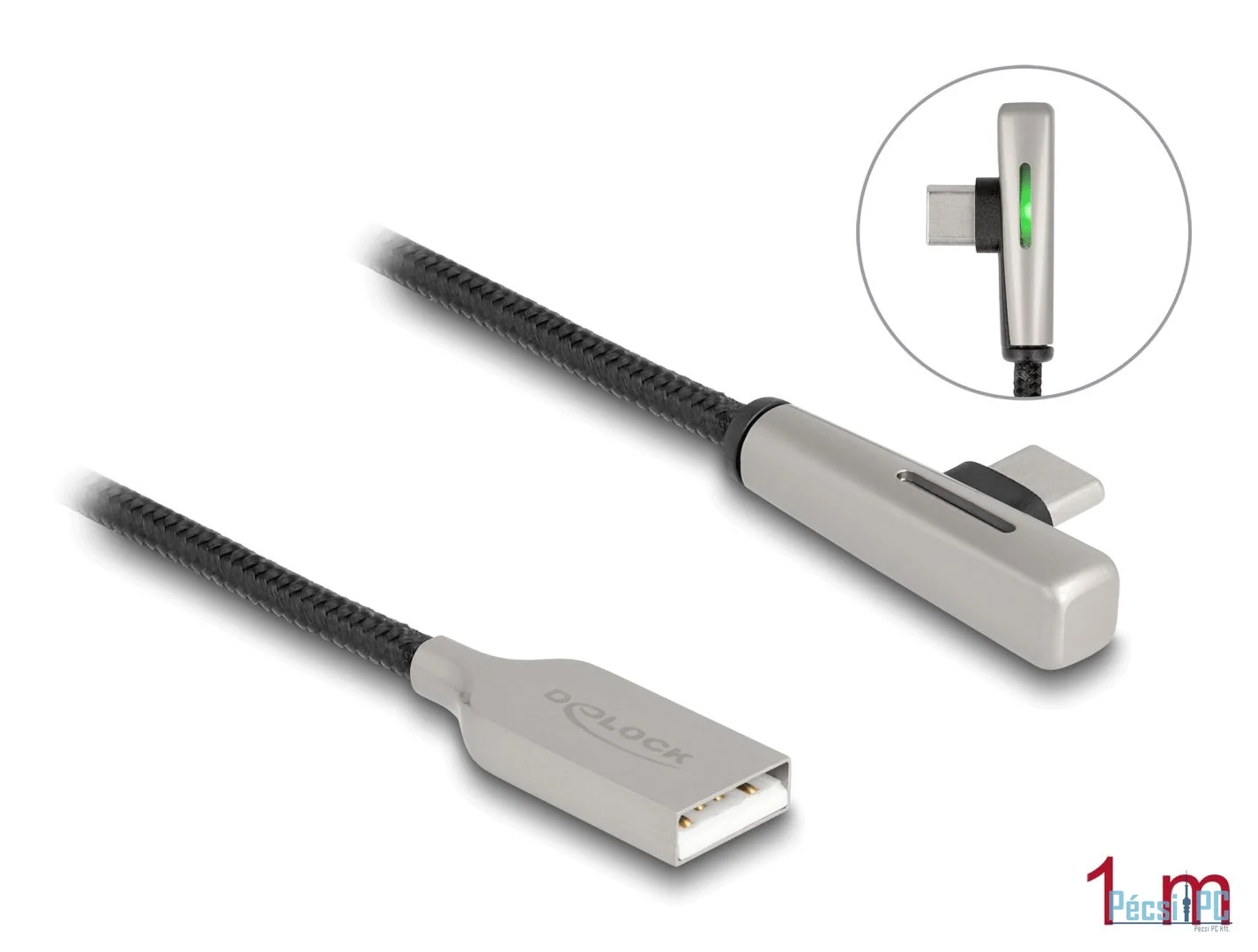 DeLock USB 2.0 Cable Type-A male to USB Type-C male angled with LED and Fast Charging 60W 1m Black