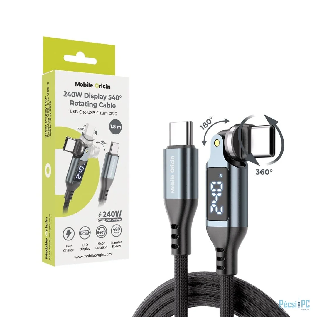 Mobile Origin CB16 240W Display 540° Rotating USB-C to USB-C Cable 1,8m Black