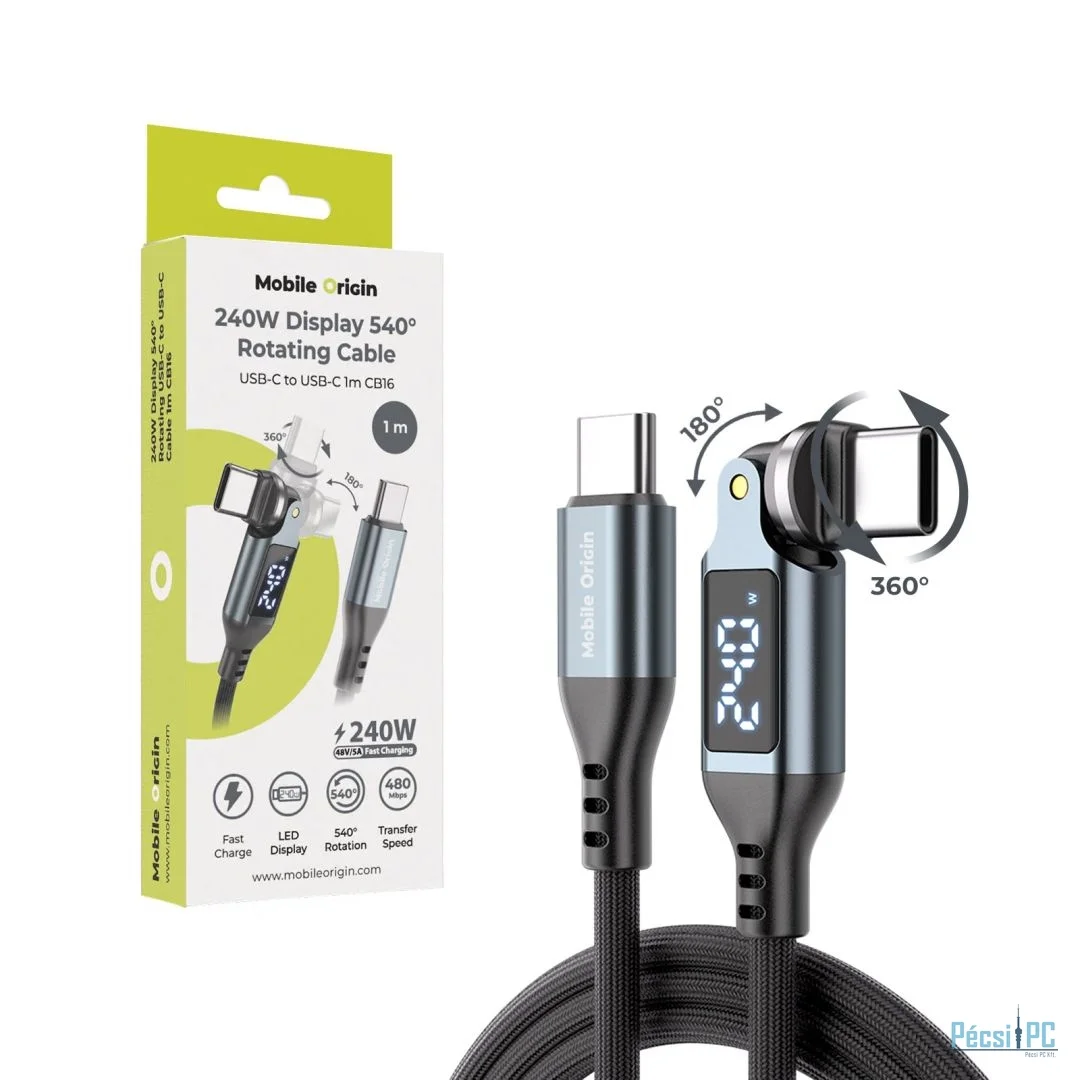 Mobile Origin CB16 240W Display 540° Rotating USB-C to USB-C Cable 1m Black