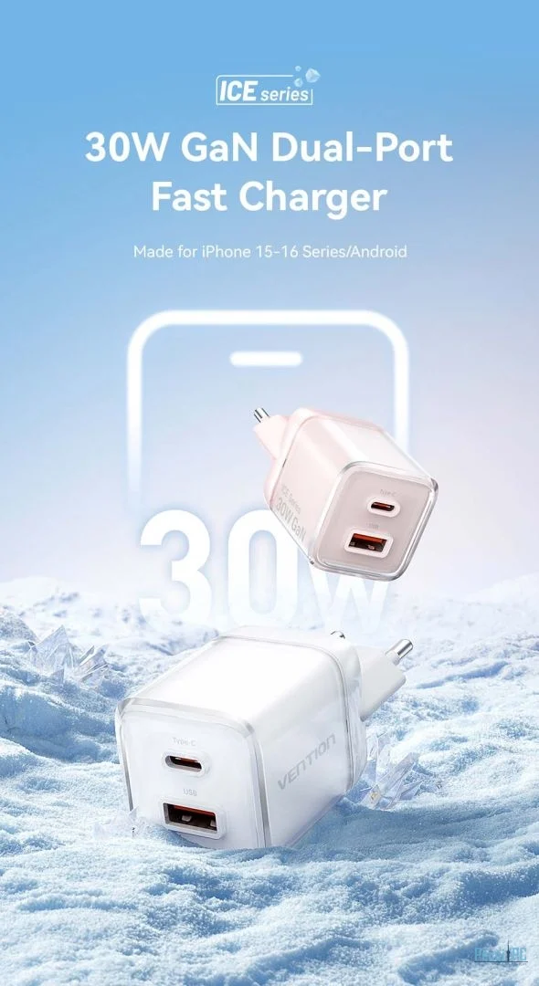 Vention 2-Port USB (C-A) GaN Charger (30W/30W) EU-Plug White