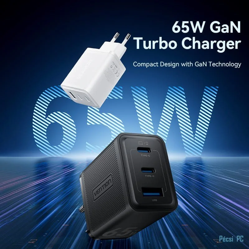 Vention 3-Port USB (C+C+A) GaN Charger (65W/65W/60W) EU-Plug White
