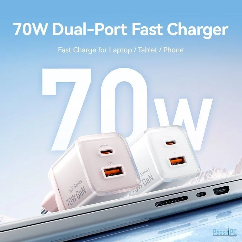Vention 2-Port USB (C-A) GaN Charger (70W/22.5W) EU-Plug Pink
