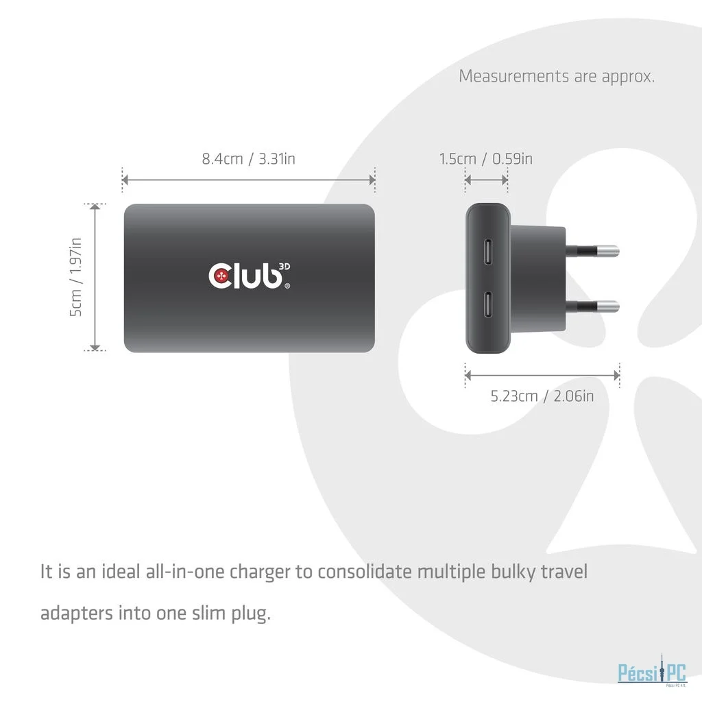 Club3D CAC-1935 USB-C Two Ports Slim Charger 65W GaN PD3.1 PPS