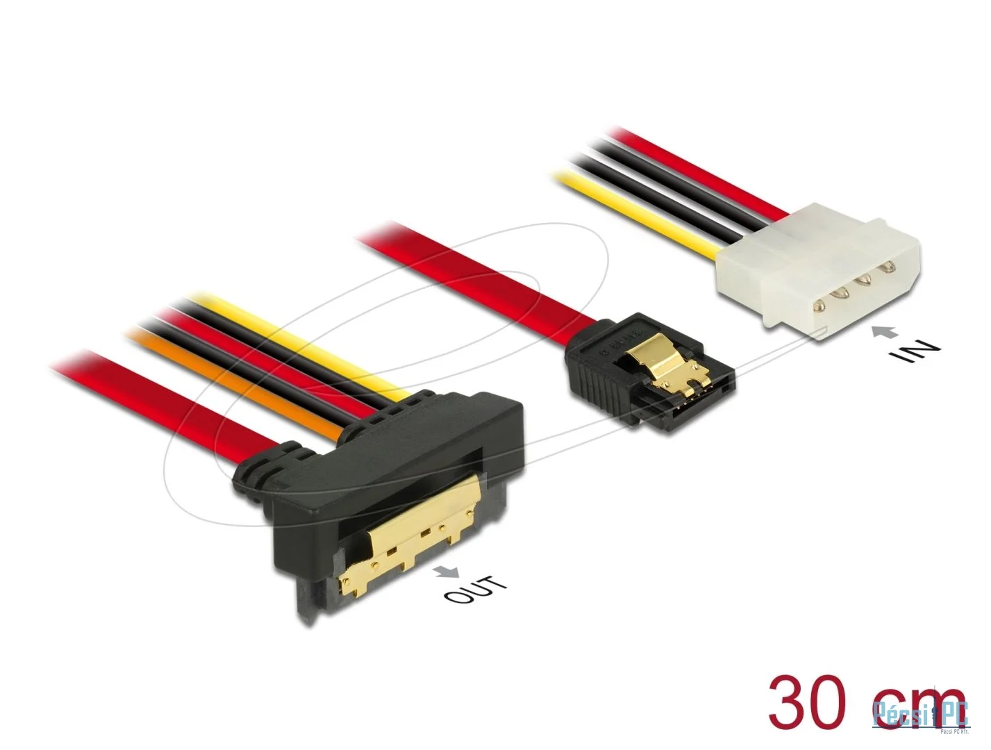 DeLock Cable SATA 6 Gb/s 7 pin receptacle + Molex 4 pin power plug > SATA 22 pin receptacle downwards angled metal 30 cm