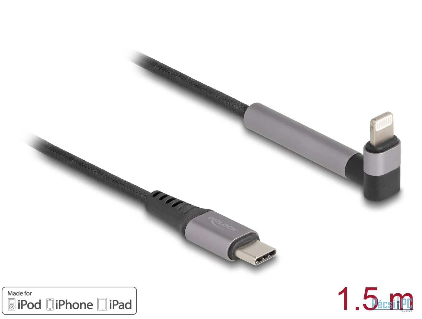 DeLock Data and Charging Cable USB Type-C to Lightning for iPhone, iPad, iPod angled with stand function 1,5m MFi Black